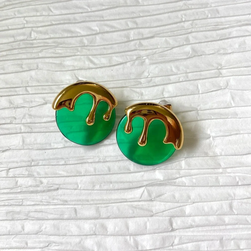 18K Gold Plated Stainless Steel Green Round‎ Gold Drip Stud Earrings